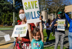 Mills students, alumni and family members gathered to protest the schools closing when it was first announced in spring 2021. Photo courtesy of the Save Mills College Coalition.