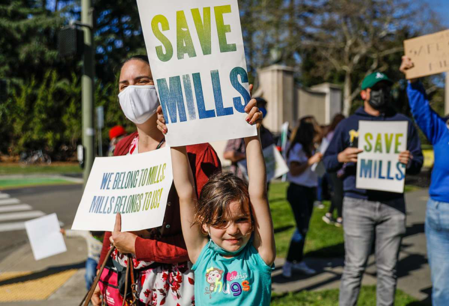 Mills+students%2C+alumni+and+family+members+gathered+to+protest+the+schools+closing+when+it+was+first+announced+in+spring+2021.+Photo+courtesy+of+the+Save+Mills+College+Coalition.