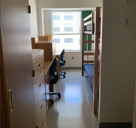 Additional desks and dressers have been added to the forced doubles (shown here) and triples to increase work and storage space for residents. Photo courtesy of Stephen Triandafellos.