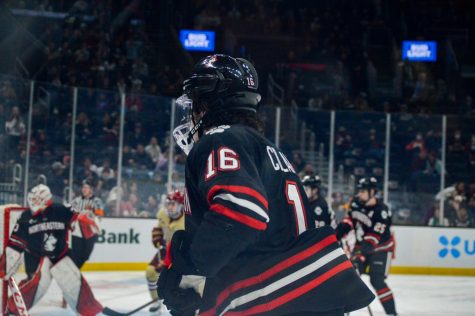 Sam Colangelo, drafted in 2020 by the Anaheim Ducks, on ice at the 2022 Beanpot Semifinals against Boston College.