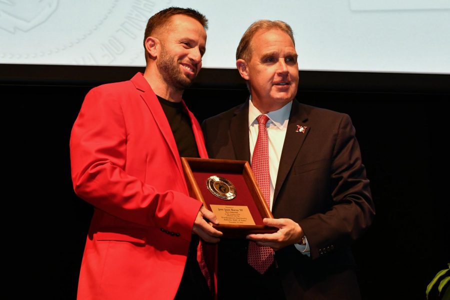 J.J.+Barea+and+Northeastern+University+Director+of+Athletics+and+Recreation+Jim+Madigan+at+the+2022+Northeastern+Athletics+Hall+of+Fame+induction.+