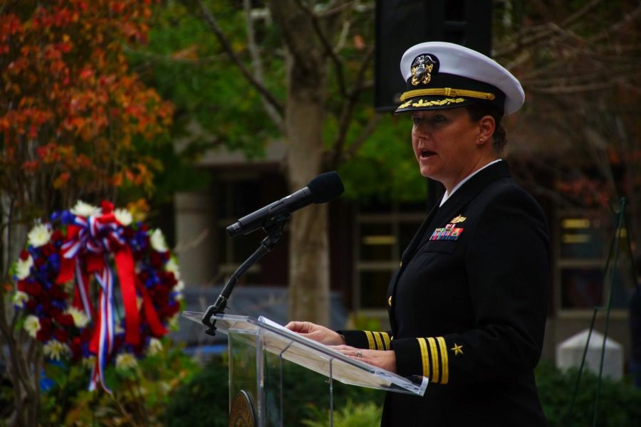 Commander+Billie+J.+Farrell+speaks+on+Veterans+Day+at+the+Northeastern+Veterans+Memorial.+Farrell+recounted+the+USS+Constitutions+history+and+spoke+of+the+enduring+spirit+of+the+country.