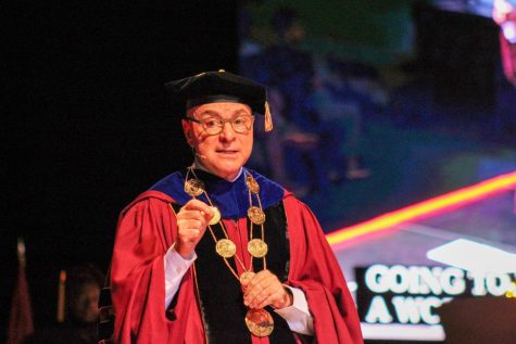 President Joseph E. Aoun speaks at Convocation Sept. 6 in Matthews Arena. In an interview with The News, Aoun said what attracts him to the Northeastern community is how engaged and innovative it is. 