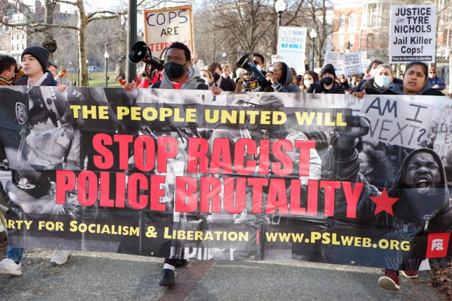 Demonstrators from the Party for Socialism and Liberation carry a banner with the words “The people united will stop racist police brutality” as they lead a march through Boston Common Saturday, Jan. 28. Protests continued through the weekend after videos of Tyre Nichols’ killing were made public.