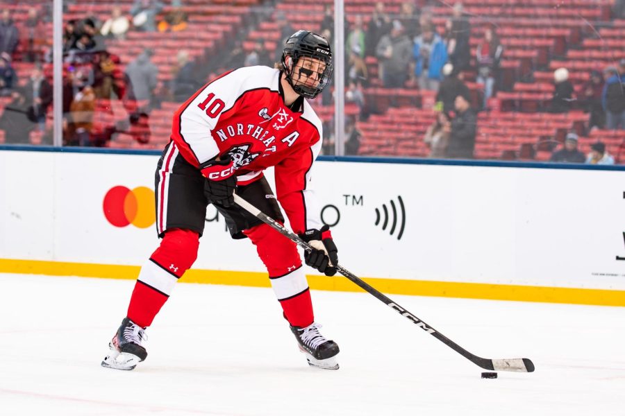 Graduate+student+forward+Jakov+Novak+on+ice+at+Frozen+Fenway+January+7.+Novak+has+nine+points+this+season%2C+including+seven+goals+and+two+assists.+