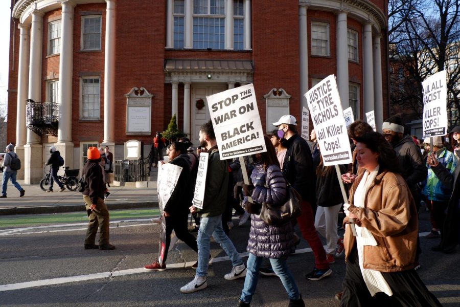 Protestors march in front of Park Street Church Saturday, Jan. 28, chanting phrases such as “Justice for Tyre” and “No good cops in a racist system.” The march went on for approximately two hours, looping through some of Boston’s most populated neighborhoods.