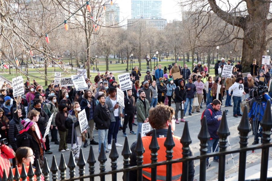 Demonstrators gather in the Boston Common Saturday to protest police violence after videos were released of the Jan. 7 killing of Tyre Nichols in Memphis, TN. Led by the Boston chapter of the Party for Socialism and Liberation, approximately 150 people arrived at 2 p.m. for the march, which was preceded by speeches from local activists.