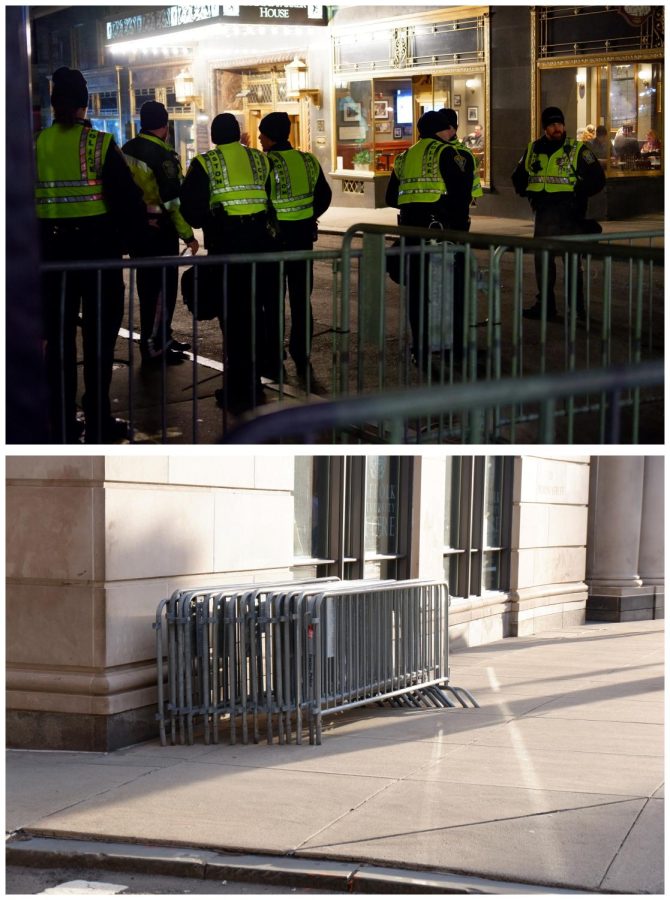 Police stand in front of metal barricades outside the Omni Parker House Hotel on Tremont Street during the protest Friday, Jan. 27. On Saturday, these barricades were abandoned, and there was no visible police presence along the protest route.