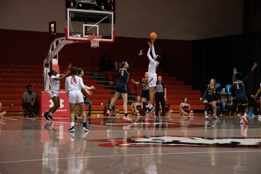 Senior guard Jaelyn Batts tries to push the Huskies ahead with a basket. Batts netted 12 points against Drexel.