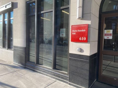 A sign installed on the outside of 610 Beacon St. reads Myles Standish Hall. Members of the universitys College of Arts and Sciences Anti-Racist Initiative Group and student government have written an open letter requesting for this residence halls name to be changed.