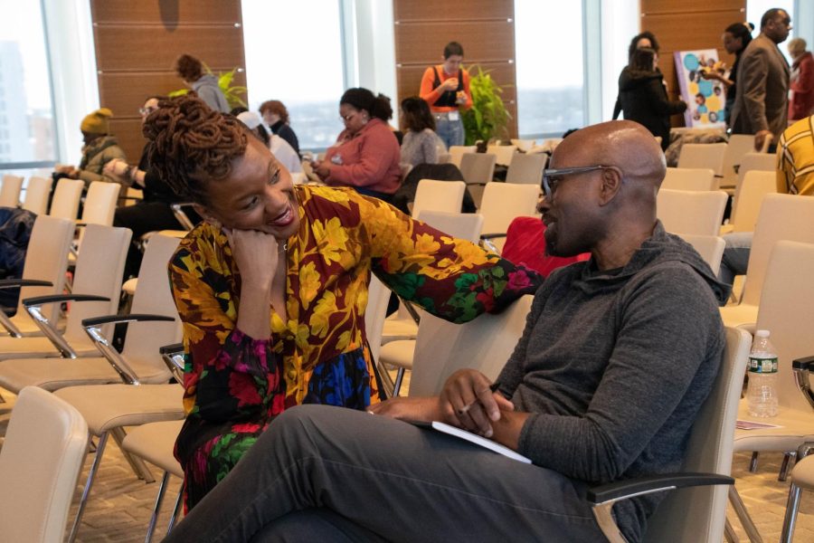 Dr. Régine Michelle Jean-Charles and Dr. Kevin Quashie have a discussion in between panels. Quashie, a professor of English at Brown University, discussed the role of Blackness within the literature and culture of a white supremacist society during the final panel of the symposium.