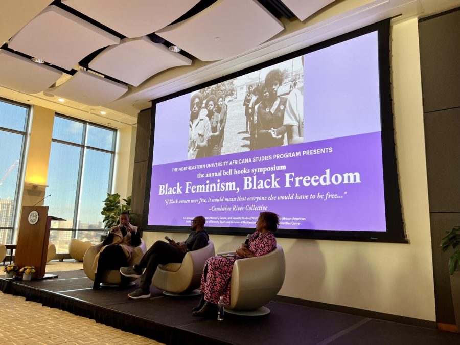Dr.+Meredith+Clark+moderates+a+discussion+between+Dr.+Kevin+Quashie+and+Dr.+Salamishah+Tillet+during+the+final+panel+of+the+symposium.+The+second+annual+bell+hooks+symposium+was+hosted+by+Northeastern%E2%80%99s+Africana+Studies+program.