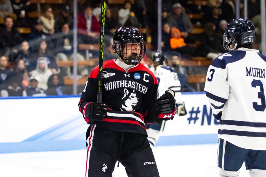 Graduate+student+forward+and+captain+Alina+M%C3%BCller+celebrates+after+a+goal+in+Saturdays+game+against+Yale.+The+Huskies+defeated+the+Bulldogs+4-1+to+claim+a+spot+in+the+2023+Frozen+Four+tournament.
