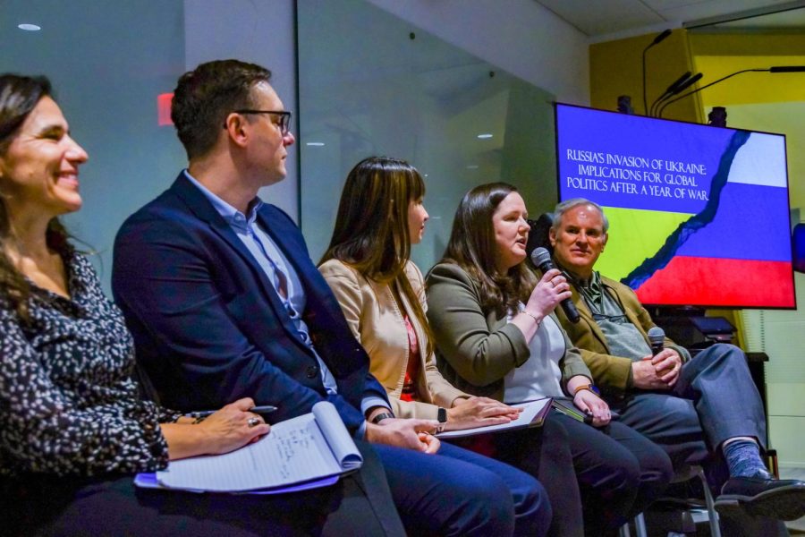 (left to right) Moderator Gretchen Heefner and panelists Oleh Kotsyuba, Maia Cross, Julie Garey and Stephen Flynn discuss the implications of global policy at a CSSH panel March 1. Ukrainian students at Northeastern said they remain vigilant about the war and hope others do as well. 
