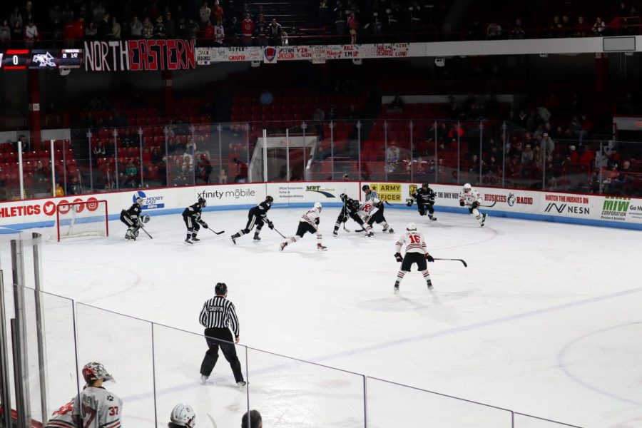 The Northeastern mens hockey team takes the ice against the Providence Friars. The Huskies loss to the Friars in the Hockey East quarterfinals put an end to their season. 