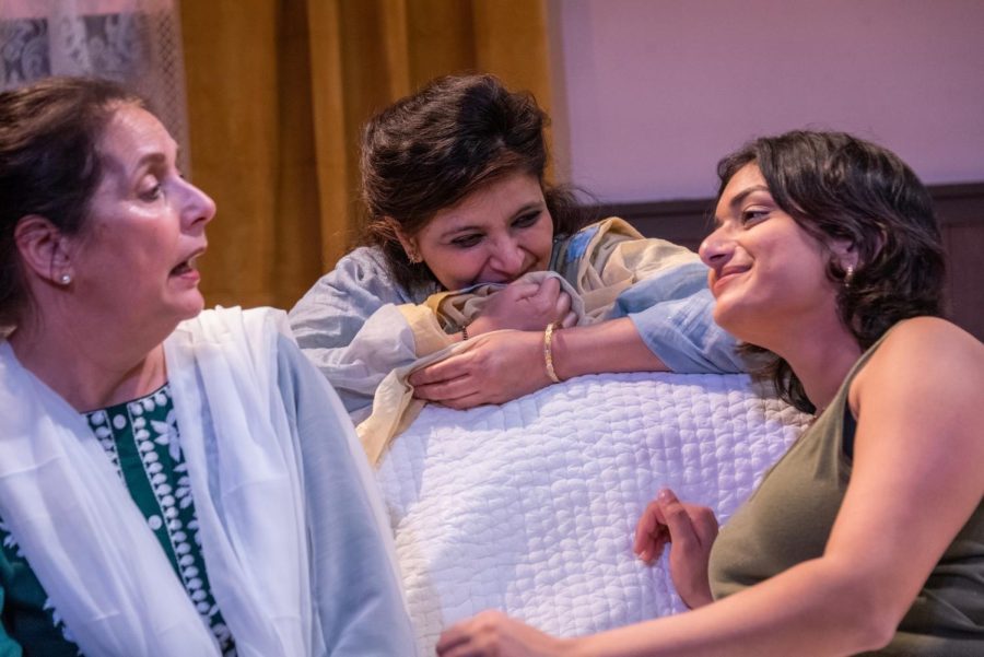 Jyoti Daniere, Prreeti Tiwari, and Vidisha Agarwalla perform on the set of Jaho Jehad. “Jado Jehad” tells the story of a queer Pakistani woman, Mashal, returning home to live with her mother and grandmother after attending college in the United States. Photo courtesy Stratton McCrady Photography.