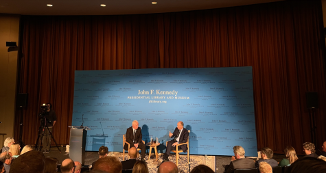 Tánaiste Micheál Martin (right) addresses an audience beside Boston Globe journalist Kevin Cullen (left) at the John F. Kennedy Library on St. Patricks Day. Martin spoke on U.S.-Ireland relations at the event.