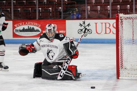 Senior goaltender Gwyneth Philips protects the net. Philips tallied a career-high 50 saves in Fridays Frozen Four semifinal against Ohio State University. 