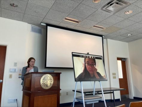 Katy Shorey moderates the Zoom Q&A with “Girl Talk” producer Stephanie Sunate and film subject Gaby Lewis. The documentary followed the high school careers of five teenage girls on Newton South’s high school debate team. Photo courtesy of Claire Ogden.