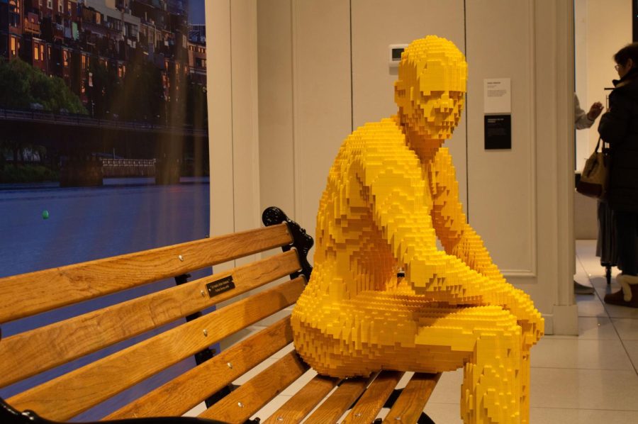 A sculpture, one of Sawayas Park People, looks pensively off into the distance. The figure welcomed visitors into the exhibition on the first floor.