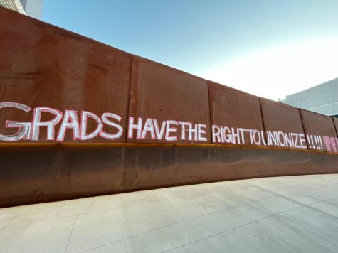 A message advertising the graduate student union protest on the ISEC bridge. Messages like this one appeared all over campus in the days prior to April 14 to advertise the protest.