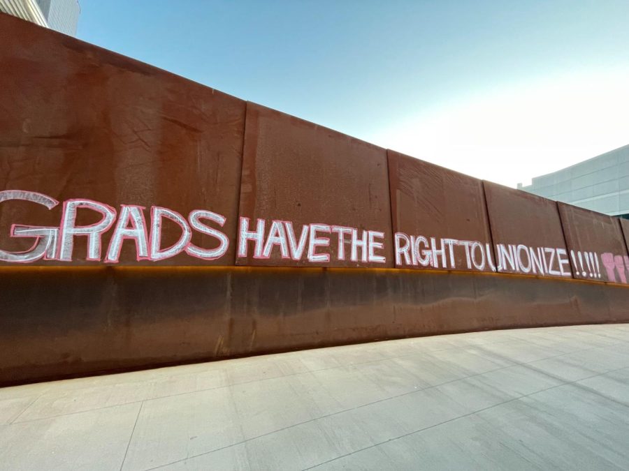 A message advertising the graduate student union protest on the ISEC bridge. Messages like this one appeared all over campus in the days prior to April 14 to advertise the protest.