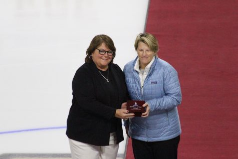 Northeastern womens hockey alumnus Fiona Rice is honored as an inductee in the Womens Beanpot Hall of Fame. From 1986 to 1989, Rice helped the Huskies to four consecutive Beanpot titles. 