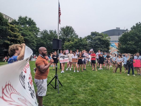 Students and community members gather for a rally on Centennial Common in July organized by GENU-UAW  following the announcement of the union election. The NLRB issued its decision July 14 allowing the union to hold an election after an eight-year effort from labor organizers.  Photo courtesy GENU-UAW.