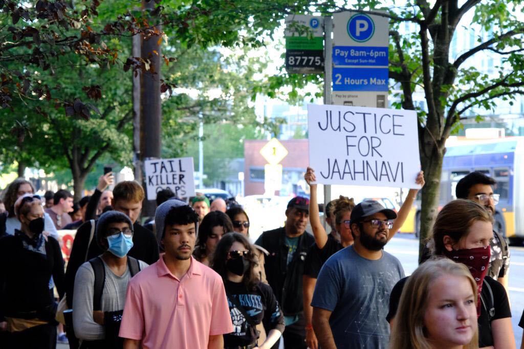 Protesters march in Seattle Thursday afternoon demanding justice for Jaahnavi Kandula. Kandula, who studied information systems at Northeasterns Seattle campus, was fatally struck by a Seattle police officer in a cruiser in January. Photo courtesy Seattle Alliance Against Racial & Political Repression.
