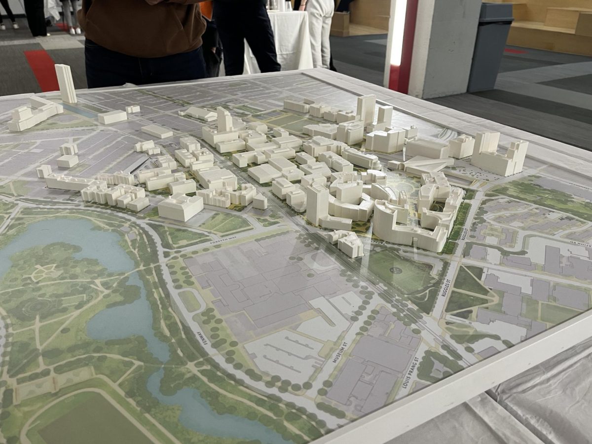 A 3D model map shows Northeasterns Boston campus. Growth was identified as a major desire for the university, with space limitations identified as an issue.
