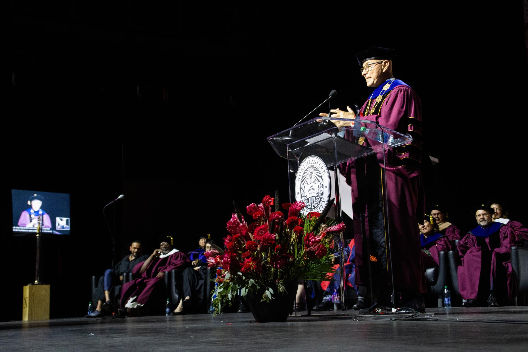 President Joseph E. Aoun speaks to the class of 2027. This years convocation was held at the MGM Music Hall for the first time.