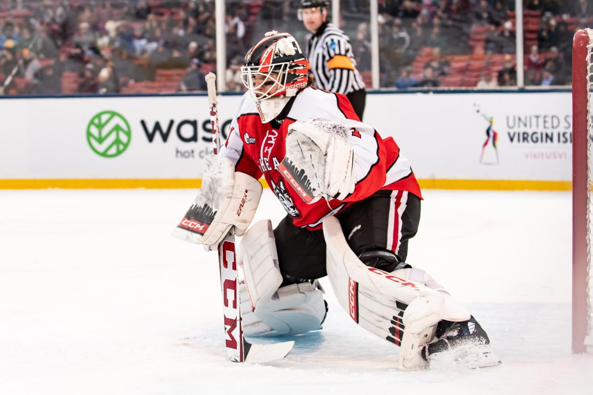 Levi positions himself to make a save. In his two seasons with Northeastern, Levi broke six program records and was recognized as college hockey’s best goalie twice.