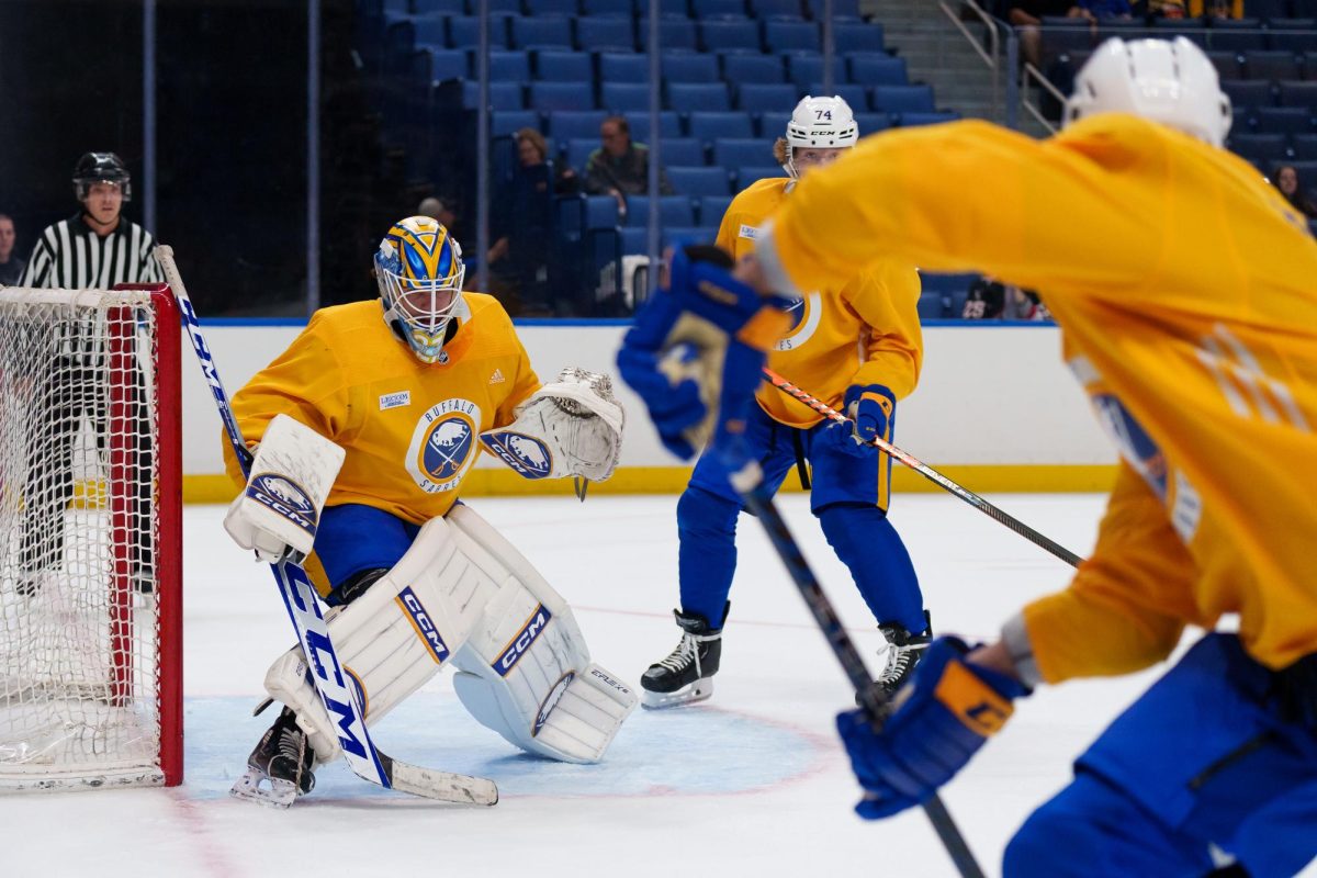Devon Levi practices with the Buffalo Sabres. The former Northeastern goalie signed a three-year, entry-level contract with the Sabres March 17, 2023.