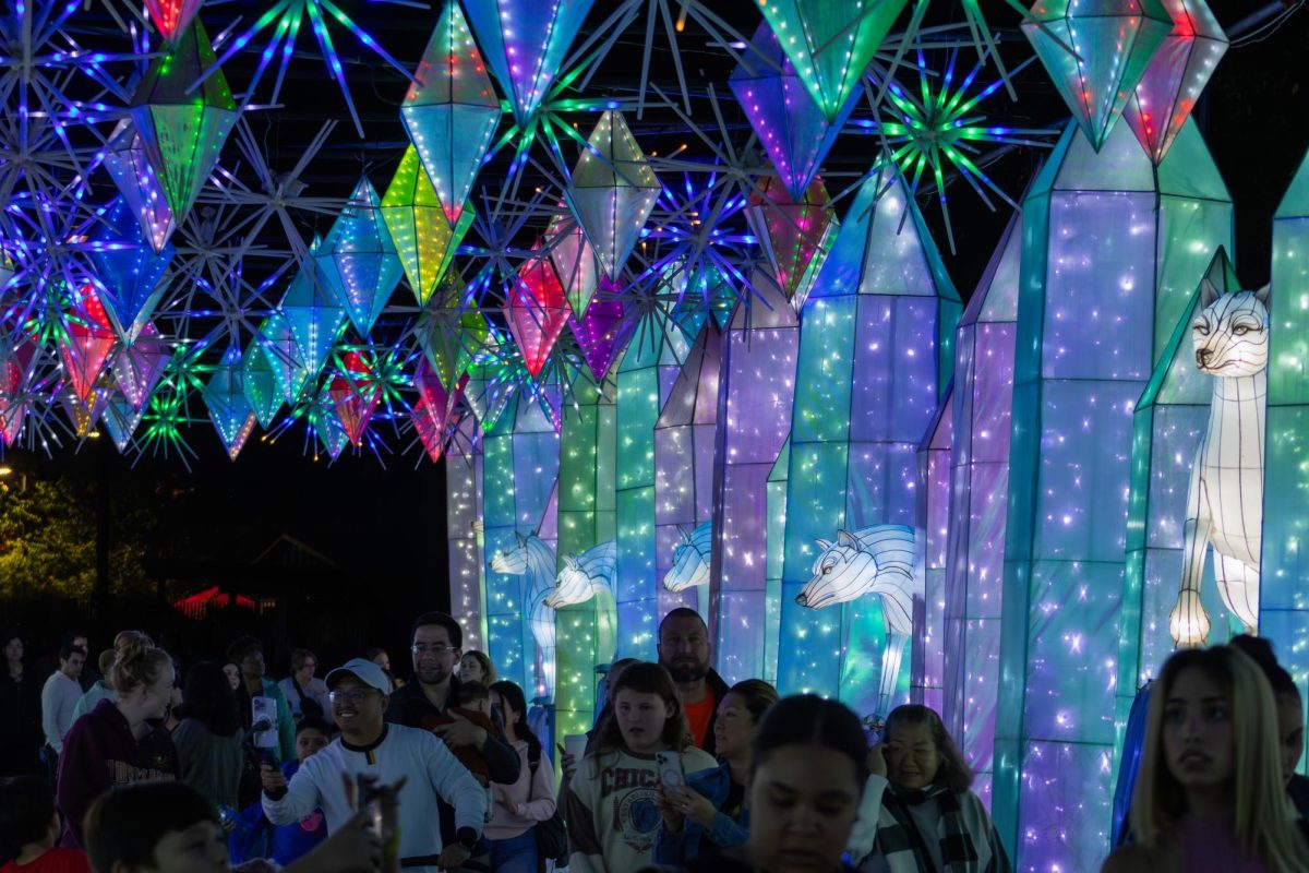 Visitors walk through a colorful crystal tunnel surrounded by white dogs. Mythological creatures from Chinese culture played an important role in the layout of the Boston Lights; many creatures and informational text were included to teach visitors about Chinese history.