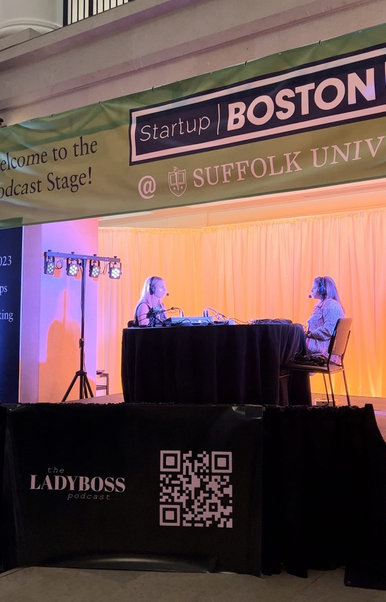 Christofilis records a live podcast interview at Boston Startup Week. Her first interviews were mainly clients she met through her moms luxury consignment store. Photo courtesy Nina Christofilis
