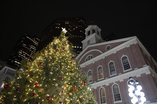 A Christmas tree stands in front of the Faneuil Hall Visitor Center. The tree was lit during a ceremony Nov. 21.