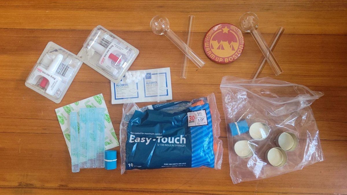 Some of the harm reduction supplies that Warm Up Boston distributes. The organization has also provided meals, clothes and funds to unhoused people in Boston. Photo courtesy Miguel Maron.