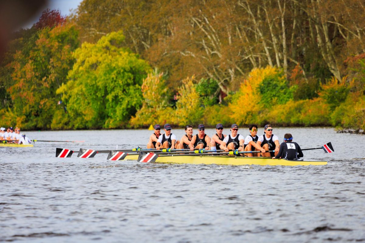 The Northeastern men’s rowing team competes at the Head of the Charles. The first varsity boat placed fourth among college teams, while the second varsity boat placed first among junior varsity boats.