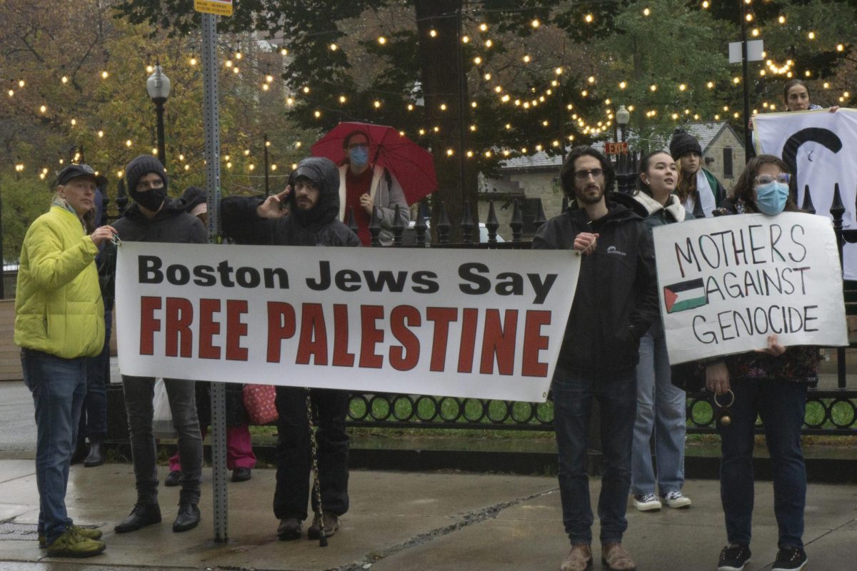 Protesters hold a banner that says, “Boston Jews Say Free Palestine.” Many protesters held signs on behalf of the communities they are a part of to show their support for the people of Palestine.