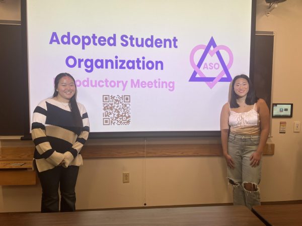 Octavia Zagorec and Alyssa Enright pose for a photo at ASOs introductory meeting Nov. 14. The co-presidents were surprised by the amount of initial interest they received.