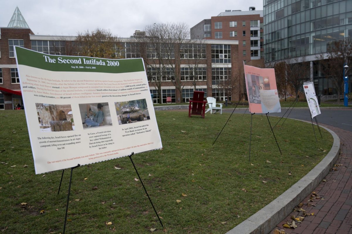 Poster boards sit in Centennial Common during the tribute event. The boards included information about the history of the conflict, which organizers hoped would reach students who were uninformed about Palestinian history. 