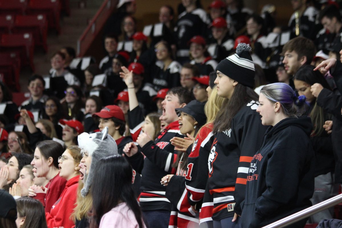 Northeastern fans pack the stands. The Huskies brought a cheering crowd out to Boston Colleges Conte Forum for the 2023 Womens Beanpot Final.