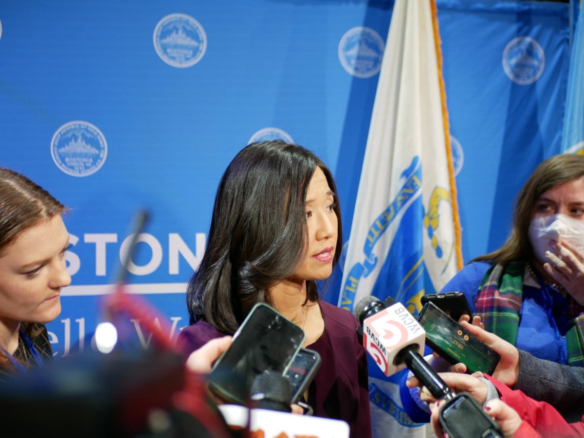 Mayor Michelle Wu speaks to members of the press. Wu delivered her second annual State of the City address Jan. 9 at MGM Music Hall.