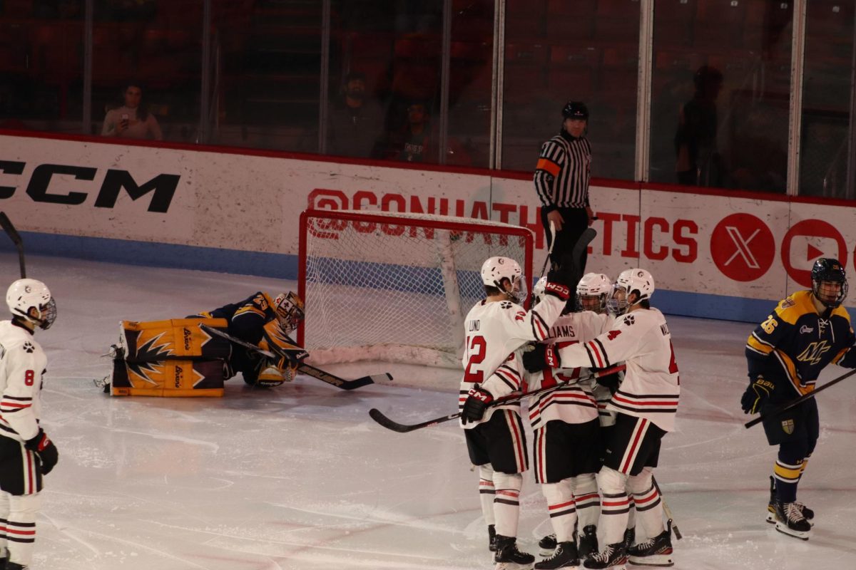 The Huskies celebrate a goal scored by Jack Williams against Merrimack Friday night. Northeastern swept the Merrimack College Warriors in a two-game weekend series. 