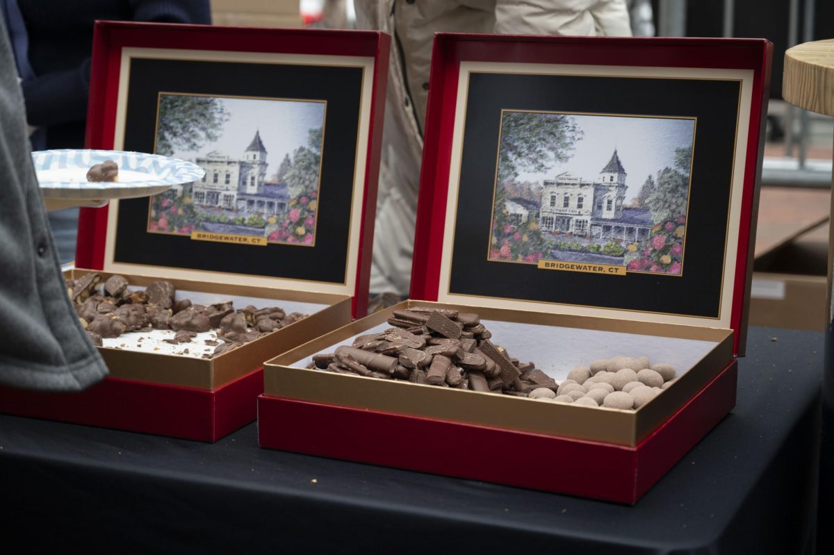 Two boxes of chocolates from Bridgewater Chocolate sit open for people to take from. The business prepared three types of chocolate for the festival.