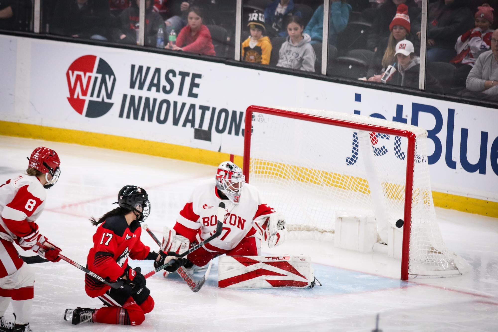Sophomore forward Mia Langlois hits the pipe a minute and a half into the first period of the women’s Beanpot championship. Northeastern won the matchup 2-1 in overtime.