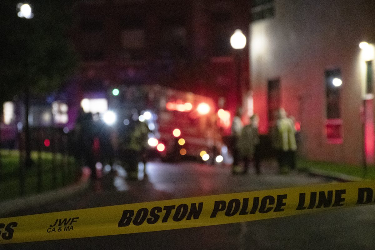 First responders gather behind an area taped off by Boston Police following the allegedly staged package explosion Sept. 13, 2022. Jason Duhaime was dropped as a client by his attorneys and has a trial scheduled for later in February.