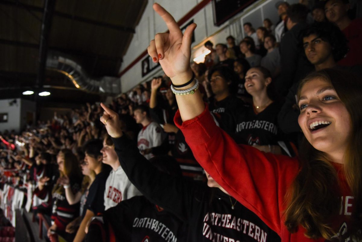 A Northeastern student cheers on the Huskies from her seat in the DogHouse. Fans in the section have not only attended the men’s home hockey games this season so far, but the women’s home hockey games as well.