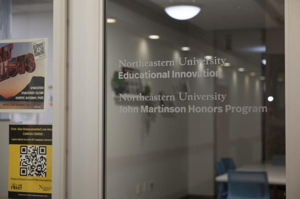 The office door of the newly renamed John Martinson Honors Program. Northeastern renamed its honors program after John Martinson, who recently donated $5 million to the program.