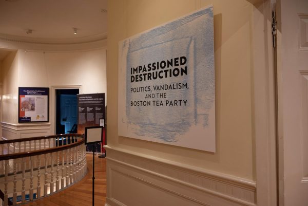 The entrance to Impassioned Destruction at the Old State House. The exhibit commemorated the 250th anniversary of the Boston Tea Party.